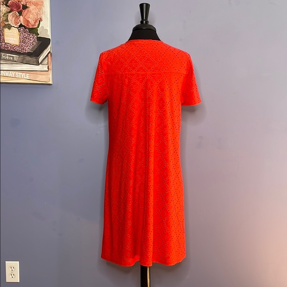 London Times Orange Eyelet Midi Dress with Short Sleeves and V-Neckline Size 12 - Picture 4 of 7